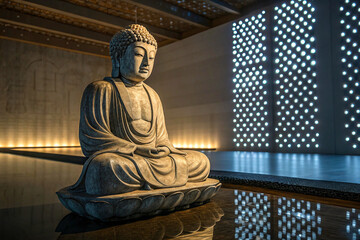 A serene Buddha statue, depicted in a meditative pose