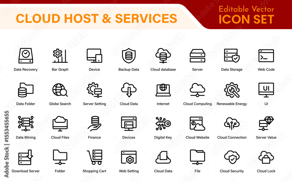 Fototapete Set of web hosting and cloud services icons. Linear style icon bundle.Outline icon collection.