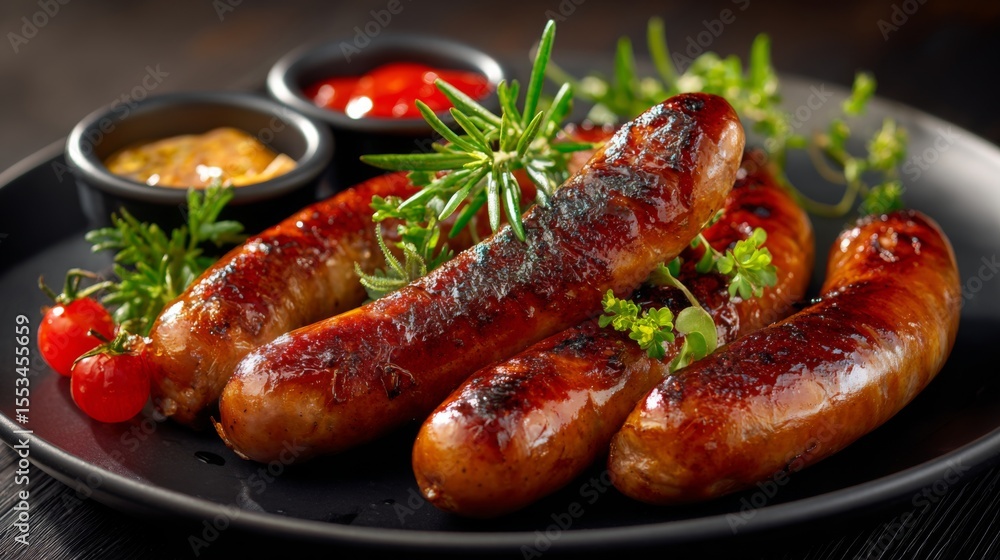 Poster a high-resolution image of a plate of cooked sausages with a focus on their juicy, plump texture and