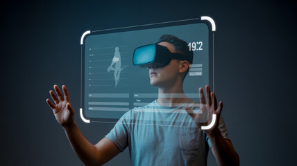 Man using virtual reality headset interacting with digital screen and data