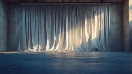 White drapes in a concrete room bathed in sunlight, creating shadows and texture