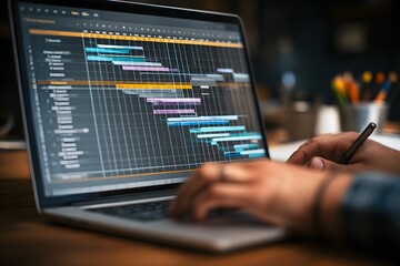 Project Management Software on Laptop Screen.