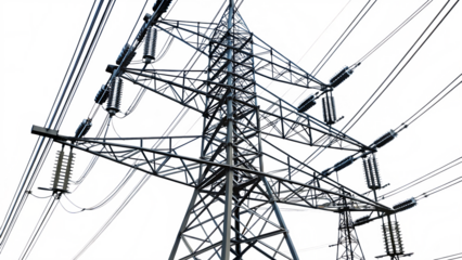 Metal lattice high voltage power tower with ceramic insulators and wires against abstract colorful background isolated on a transparent background