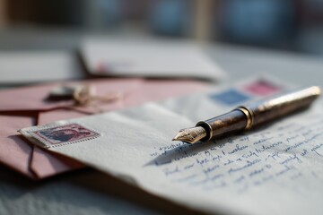 Fototapeta premium Close-up of elegant fountain pen on handwritten letter, emphasizing classic correspondence and nostalgic communication with envelopes.
