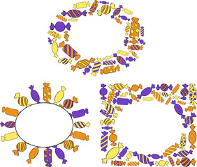 Candy oval frame set template. Vector graphic line ink illustration. Christmas colored border with stripes set. Perfect for cards, decorations, stickers, logo, menu, various designs.