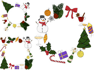 Merry Christmas and Happy New Year Circle round frame set template. Vector graphic line ink illustration. Christmas Tree, branches, balls, snowflake. Luxury element for invitation, banner, poster