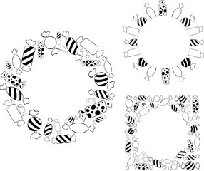 Candy Circle round frame set template. Black and white Vector graphic line ink illustration. Christmas colored border with stripes set. Perfect for cards, decorations, stickers, logo, menu
