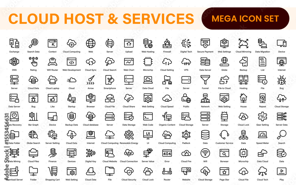 Fototapete Set of web hosting and cloud services icons. Linear style icon bundle.Outline icon collection.