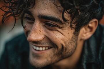 Fototapeta premium A young man with curly hair smiles brightly, showcasing his freckles while enjoying a warm moment in a casual outdoor setting
