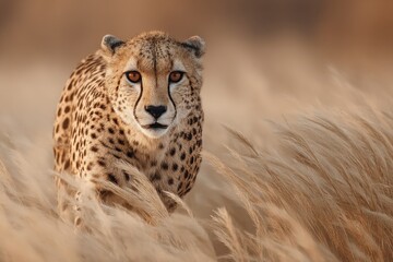 Naklejka premium A cheetah moves stealthily through tall golden grasses at sunset, showcasing its graceful form against a stunning natural backdrop