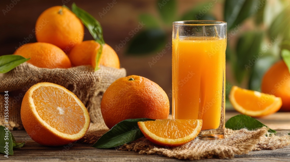 Poster a high-resolution photo of whole oranges and a glass of on a wooden table, with fresh oranges sliced