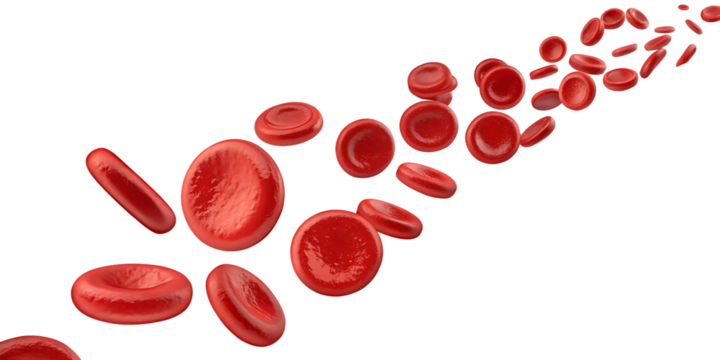 Numerous red blood cells with biconcave disc shape flowing in a stream isolated on a transparent background 1