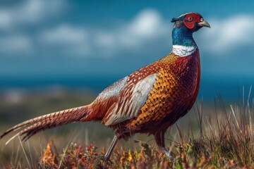 Fototapeta premium A striking pheasant moves elegantly through colorful foliage, showcasing its vivid plumage against a stunning natural backdrop
