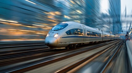 Fototapeta premium A high-speed electric train racing along tracks, with a blurred background showcasing the speed and power of the modern rail system