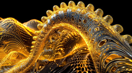 Intricate golden fractal artwork, swirling patterns, metallic textures, glowing light.