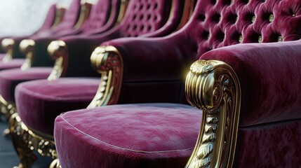Row of luxurious, burgundy velvet chairs with ornate gold armrests, out of focus background