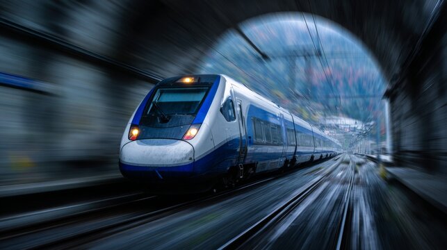 Fototapeta A high-speed train at full speed, passing through a tunnel in a mountainous region, with blurred motion capturing the sense of speed.