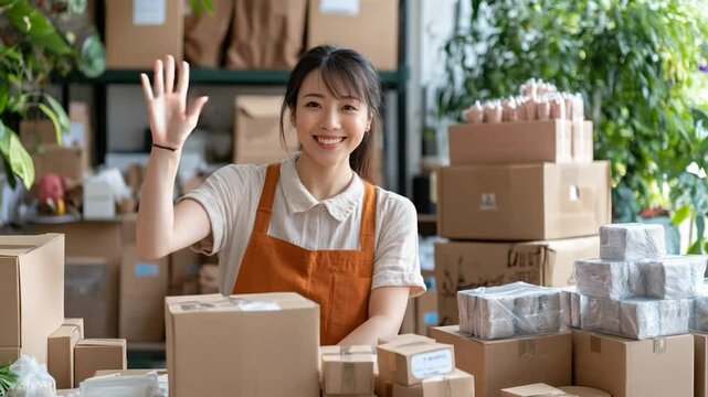 Woman in apron waving surrounded by shipping boxes e commerce and small business concept