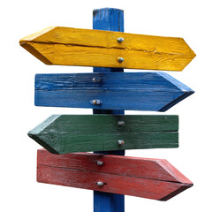 Colorful wooden directional signpost with four arrows pointing left isolated on transparent background