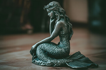 a statue of a mermaid sitting on a wooden floor