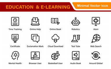 Education set of web icons in line style. Learning icons for web and mobile app. E-learning, video tutorial, knowledge, study, school, university, webinar, online education.