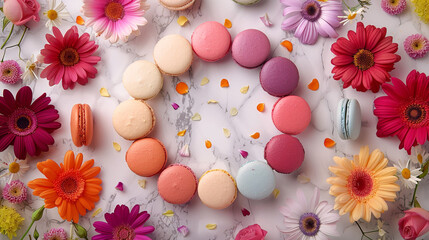 Flat lay of assorted French macarons in pastel colors arranged in a circular pattern on a white marble surface with scattered edible flowers.