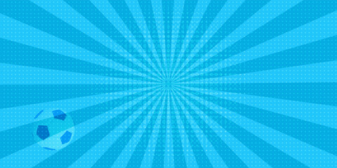 Pop art background. Comic halftone texture. Blue cartoon starburst pattern. Vintage sunburst banner. Retro print with beams and dots. Funny superhero backdrop. Vector illustration.