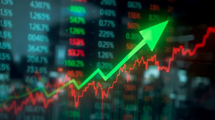 Investing and stock market concept gain and profits with faded candlestick charts, digital display representing financial market data and trends. The foreground features prominent green and red