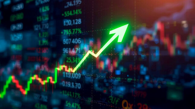 Investing and stock market concept gain and profits with faded candlestick charts, digital display representing financial market data and trends. The foreground features prominent green and red