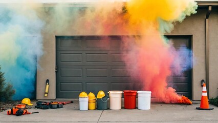 Colorful backyard fireworks exploding in a chaotic burst of light and smoke, capturing the spirit of American summer night celebrations and fun