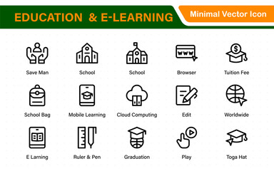 Education set of web icons in line style. Learning icons for web and mobile app. E-learning, video tutorial, knowledge, study, school, university, webinar, online education.