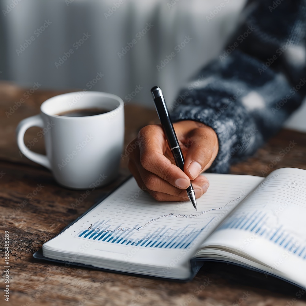 Poster person writing in financial planner notebook with data graph on desk