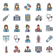 Medical 25 icons set, flat vector design in hospital.