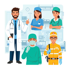 Flat vector set of medical staff characters in uniform, doctor, nurse, surgeon, paramedic in a hospital scene.
