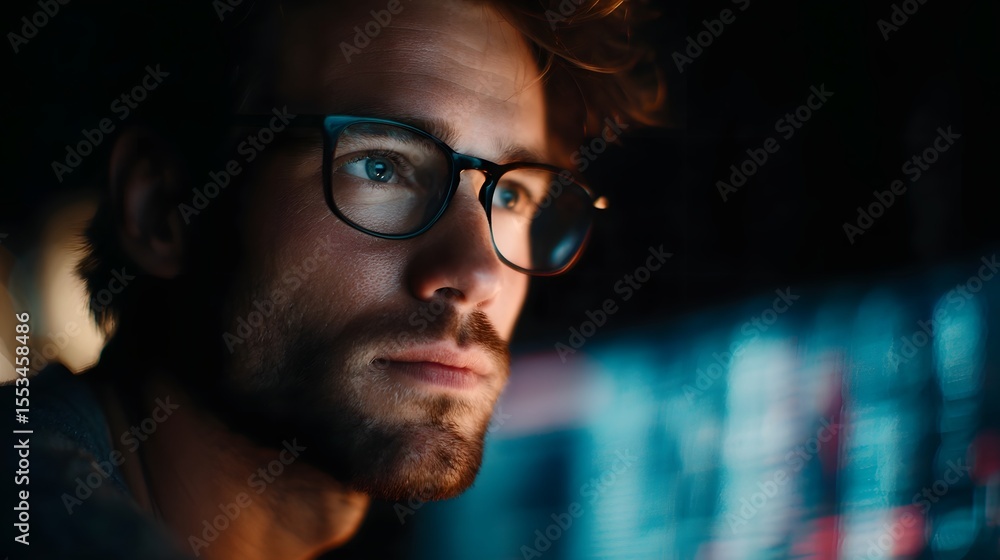 Poster man working late with investment data glowing from screen