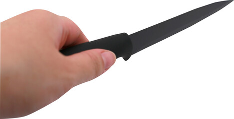 hand holding black knife on transparent background