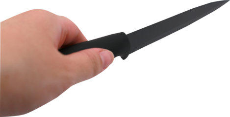 hand holding black knife on transparent background