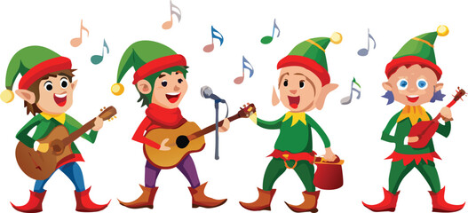 Cartoon Elves Singing in Band Illustration.