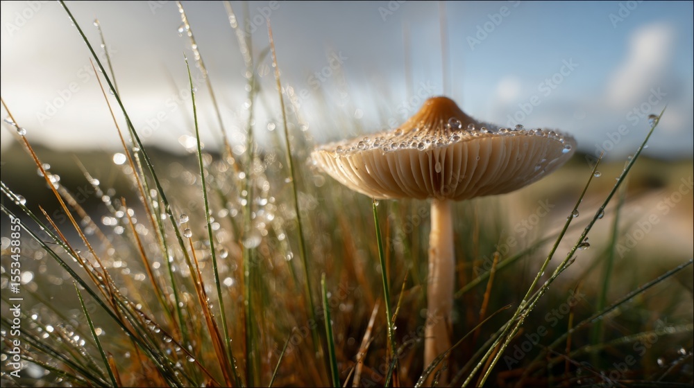 Poster a low-angle view of a mushroom surrounded by dew-laden grass, with soft morning light highlighting t