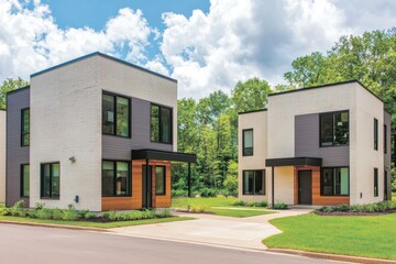 Modern Minimalist Houses Surrounded by Lush Greenery and Blue Sky
