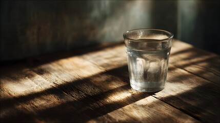 A glass of water on a wooden table in sunlight