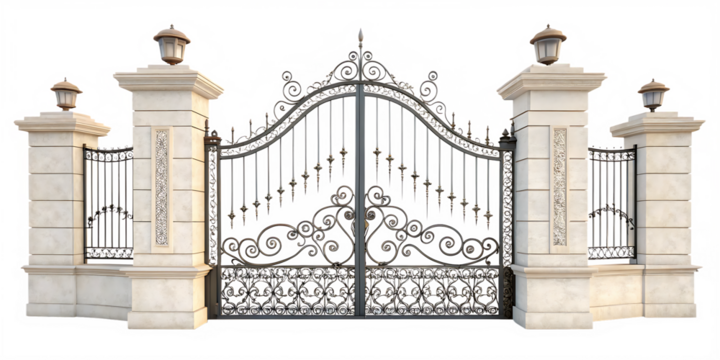 Ornate wrought iron double gate with decorative scrollwork and stone pillars featuring lamps isolated on a transparent background