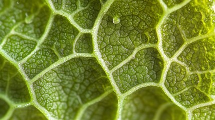 Close-up of a vibrant green leaf's intricate vein structure, showcasing its cellular detail and texture.