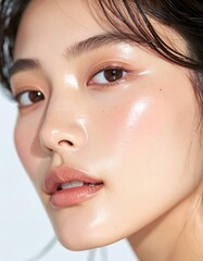 日本人, 超リアル, 美しい, 若い女性, 顔, クローズアップ, 欠点のない肌, 輝く肌質, ナチュラルメイク, 柔らかなライティング, 美容CM風, シネマティック, カメラ目線, 高解像度,Japanese, ultra-realistic, beautiful, young woman, face, close-up, flawless skin, glowing complexion