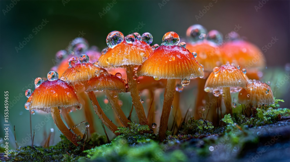 Poster a macro shot of a cluster of mushrooms on a damp forest floor, with clear water droplets enhancing t