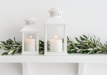 White Lanterns with Candles and Olive Branches on a Bright Shelf
