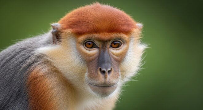 Close up portrait of a colorful wild guenon monkey with striking orange cap and gray fur gazing intently at the camera in a natural green environment