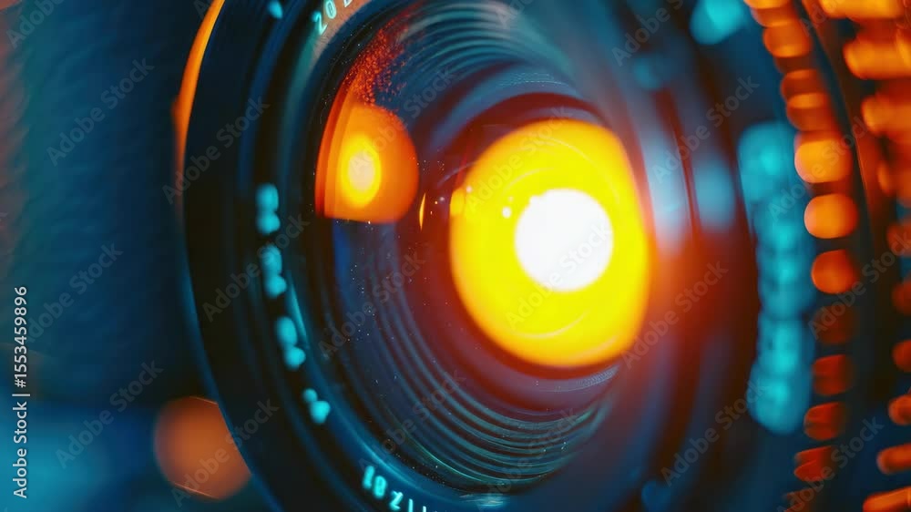 Poster an abstract view of a camera lens and its inner workings, showcasing bokeh light effects in the blur