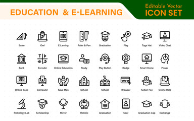 Education set of web icons in line style. Learning icons for web and mobile app. E-learning, video tutorial, knowledge, study, school, university, webinar, online education.