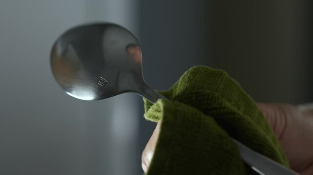 A man in the kitchen wipes a clean and washed spoon from drops of water after a delicious dinner.
Cleanliness and care of dishes.
Tablespoon in large plan